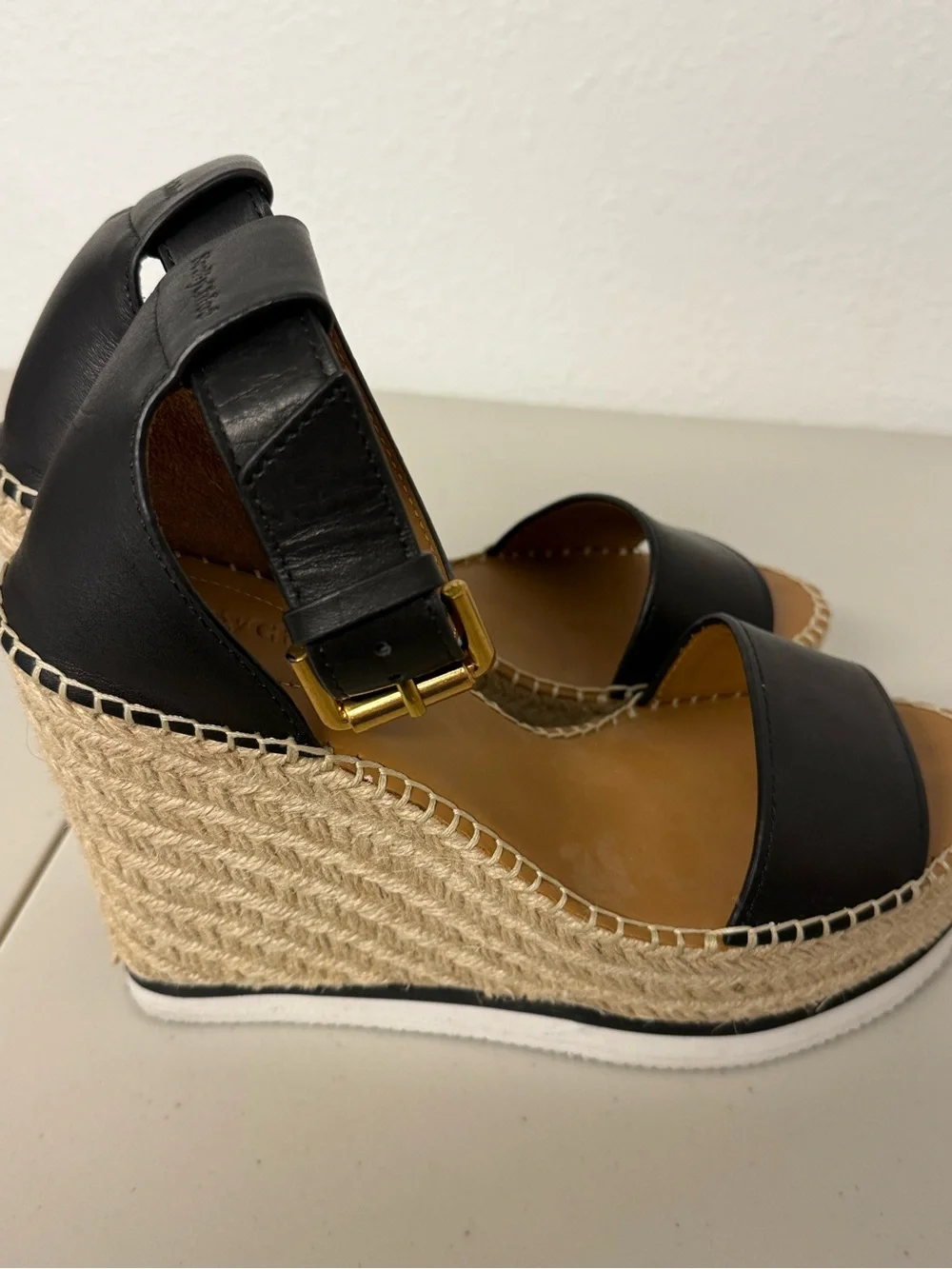 See By Chloé Glyn Black Leather Espadrille Wedge Sandals Size 8 / 38